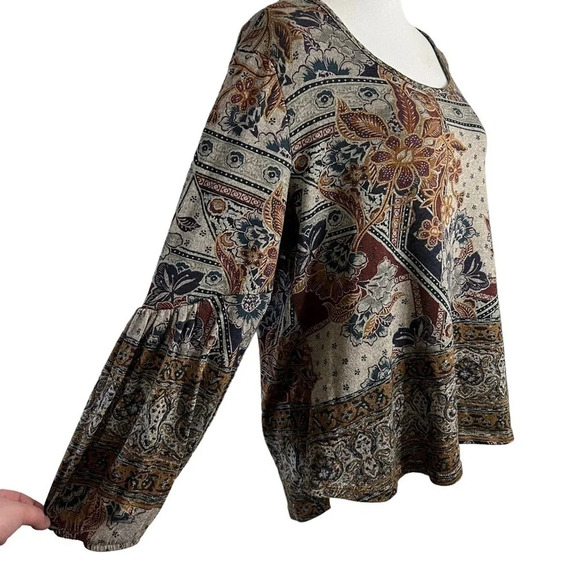 World Unity Blouse XL Floral Gray Red Knit Pullover 3/4 Balloon Sleeves Stretch - Picture 4 of 9